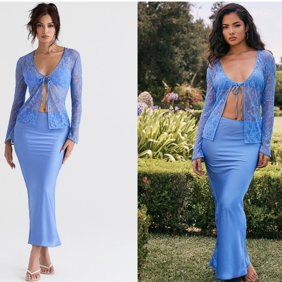 HOUSE OF CB 'Clara' Blue Satin Bias Cut Midi Skirt NWOT - Picture 3 of 9